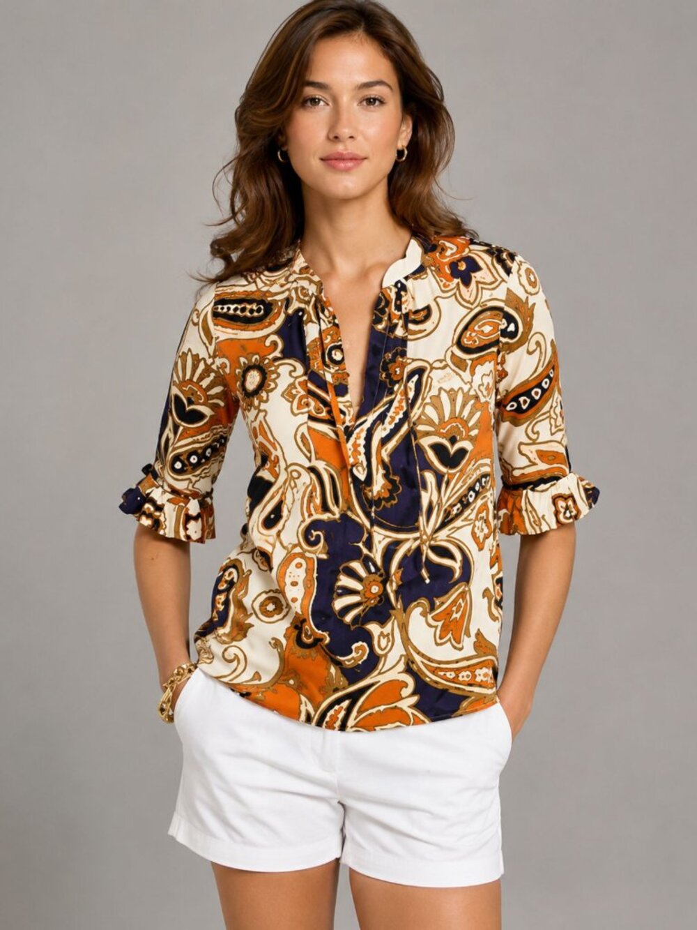 J.Crew Coppelle Paisley Alessia Blouse Orange Navy Ruffle Top Size 12